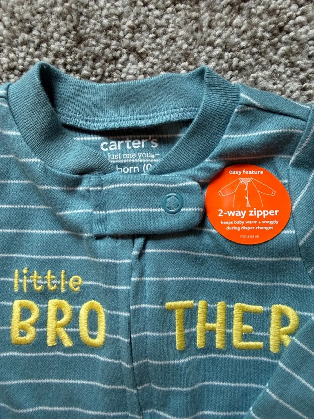 Carter's Teal Striped Little BROTHER Footed One-Piece Onesie